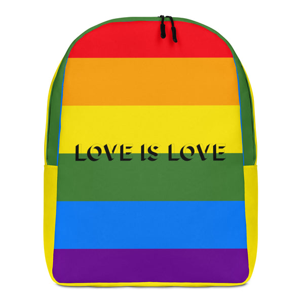 Front-facing rainbow-striped backpack with black zippers and “LOVE IS LOVE” text