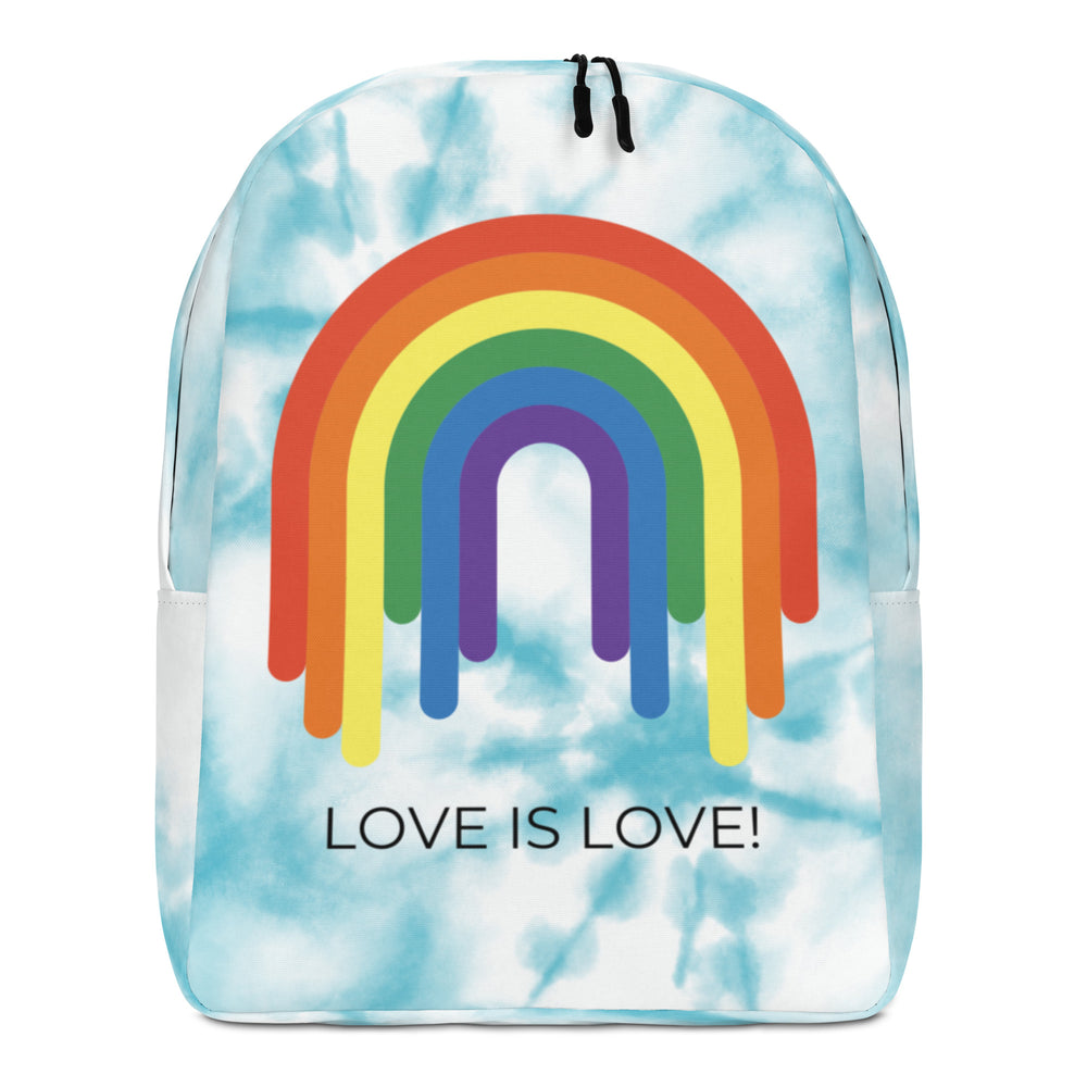 Front-facing light-blue backpack with a rainbow arch and “LOVE IS LOVE!” text