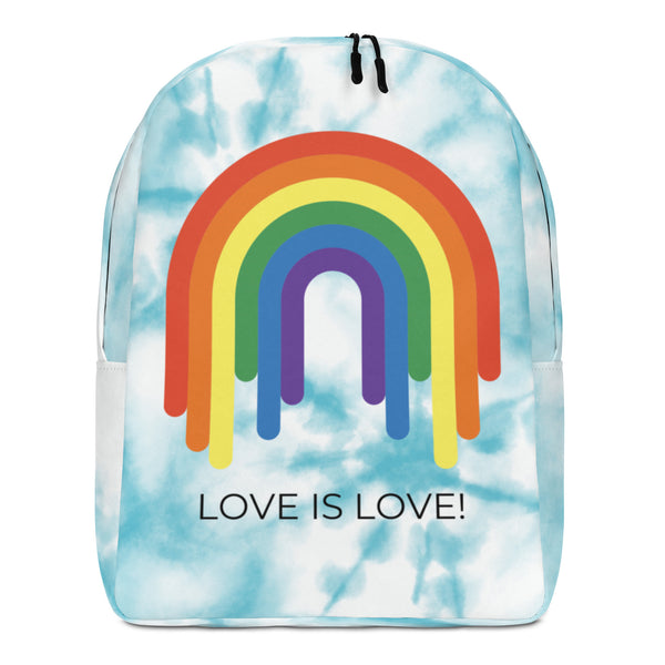 Front-facing light-blue backpack with a rainbow arch and “LOVE IS LOVE!” text