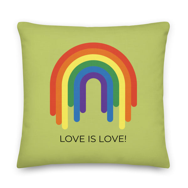 Square light-green pillow with a rainbow design and “LOVE IS LOVE!” text