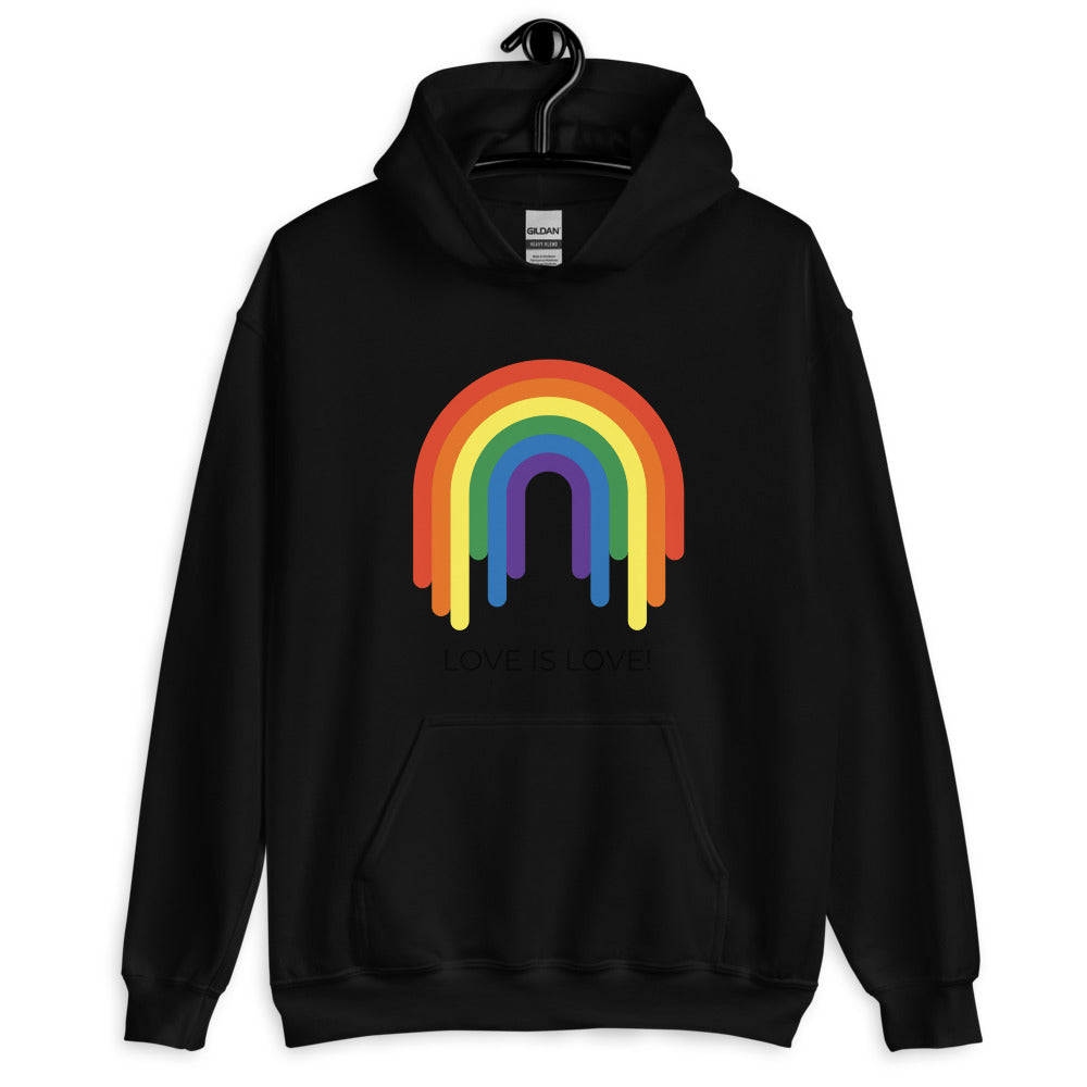 Front view of a black hoodie with a rainbow arch and “LOVE IS LOVE!” text
