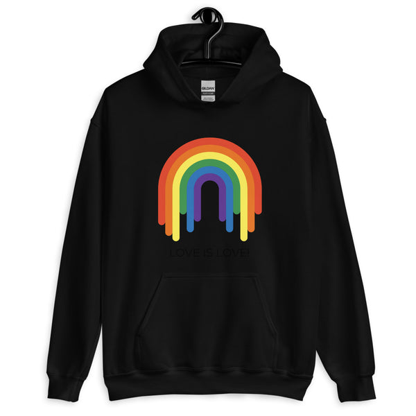 Front view of a black hoodie with a rainbow arch and “LOVE IS LOVE!” text