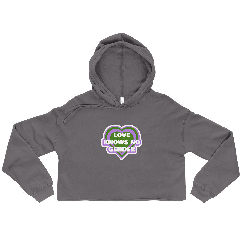 Front view of a charcoal cropped hoodie with a heart graphic reading “LOVE KNOWS NO GENDER.”