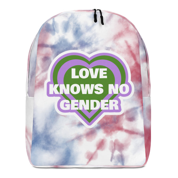 Front-facing tie-dye backpack with a heart graphic reading “LOVE KNOWS NO GENDER”