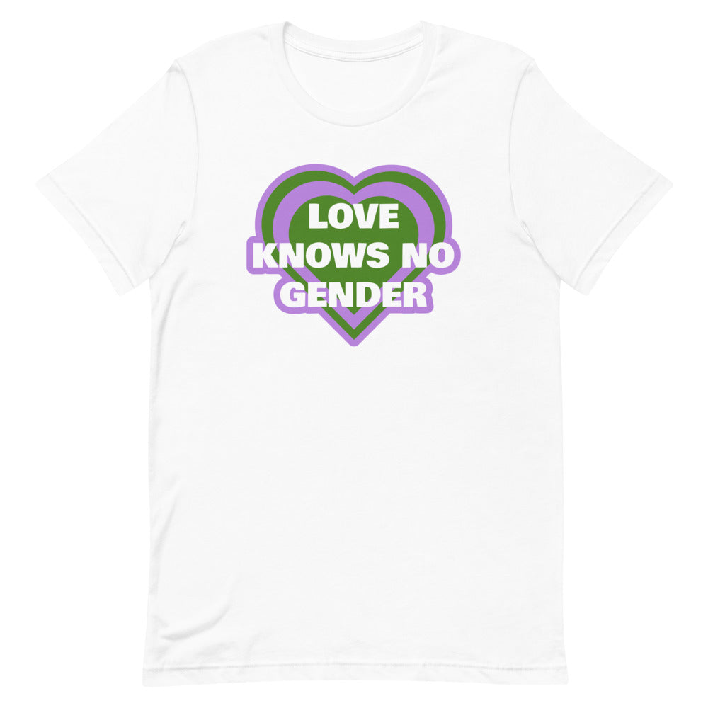 Front view of a white T-shirt with a purple and green heart reading “LOVE KNOWS NO GENDER”