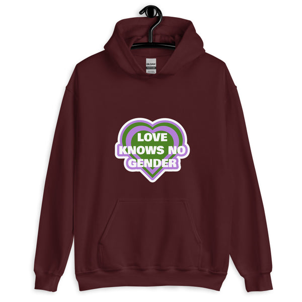 Front-view maroon pullover hoodie with a heart graphic reading “LOVE KNOWS NO GENDER”