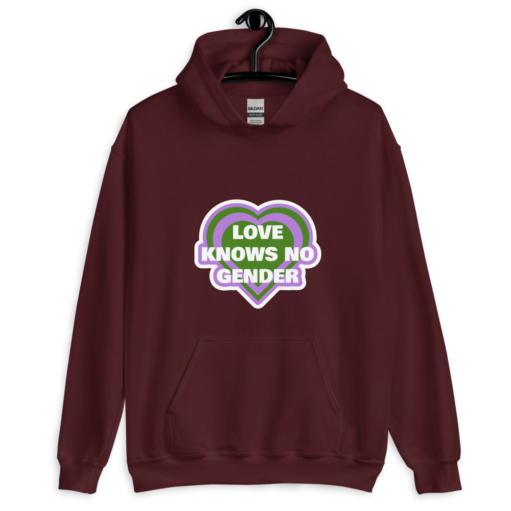 Front-view maroon pullover hoodie with a heart graphic reading “LOVE KNOWS NO GENDER”