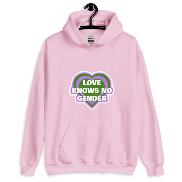 Front-facing light pink hoodie with a heart graphic reading “LOVE KNOWS NO GENDER”