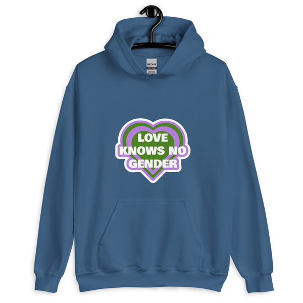Front-view blue pullover hoodie on a hanger with a heart graphic reading “LOVE KNOWS NO GENDER”