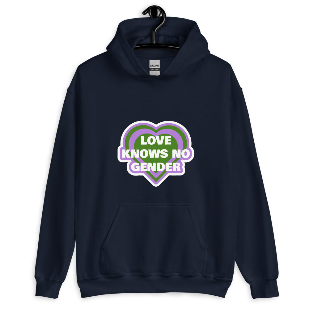 Front view of a navy hoodie on a hanger with a heart graphic reading “LOVE KNOWS NO GENDER.”