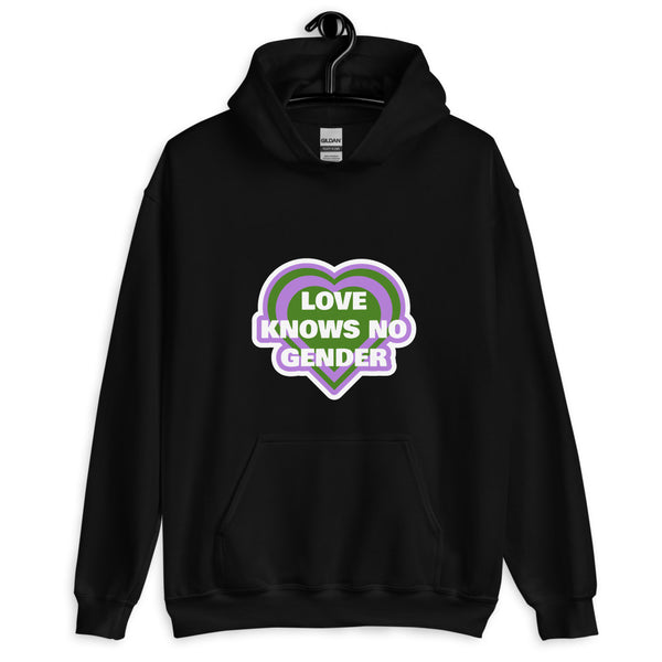Front view of a black pullover hoodie reading “LOVE KNOWS NO GENDER” in a heart design