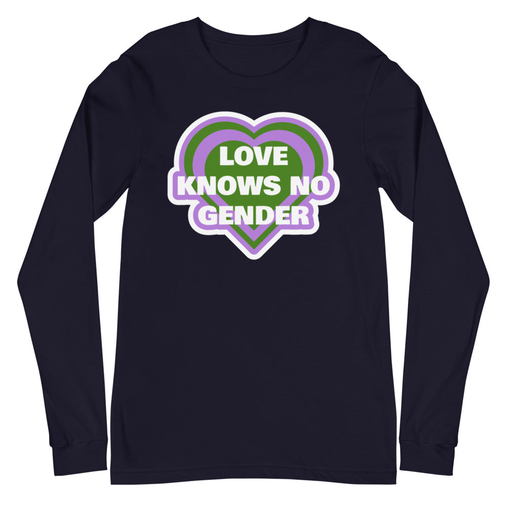 Flat-lay navy long-sleeve shirt with a purple and green heart reading “LOVE KNOWS NO GENDER”