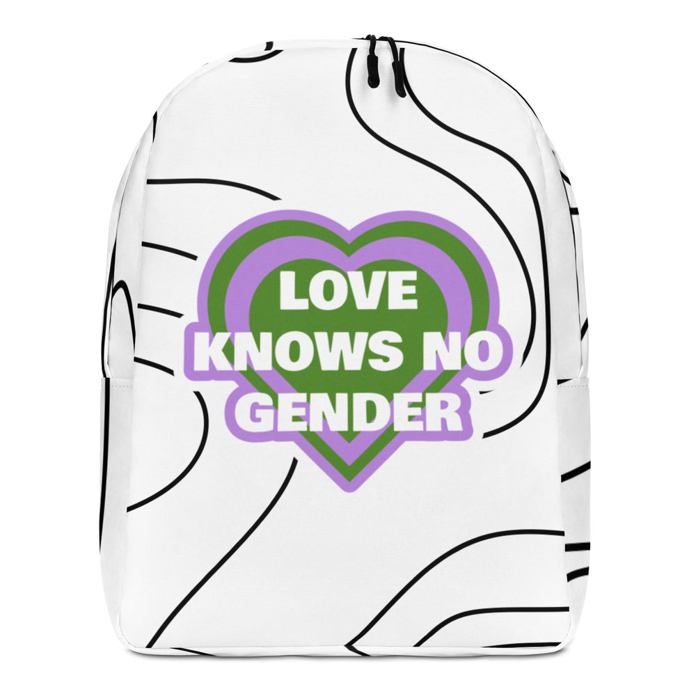 Front view of a white backpack with black curved lines and a purple-green heart reading “LOVE KNOWS NO GENDER”