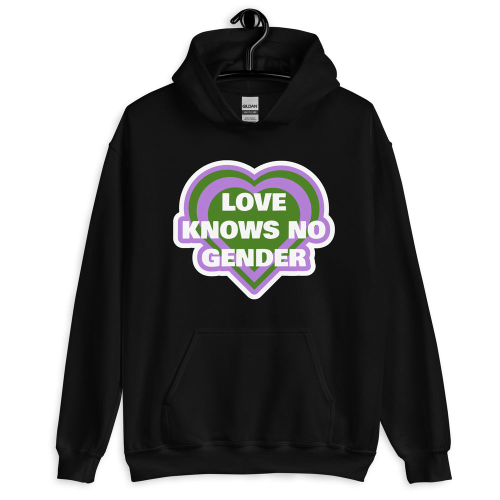 Front view of a black hoodie with a purple and green heart reading “LOVE KNOWS NO GENDER.”