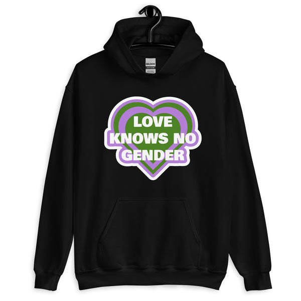 Front view of a black hoodie with a purple and green heart reading “LOVE KNOWS NO GENDER.”