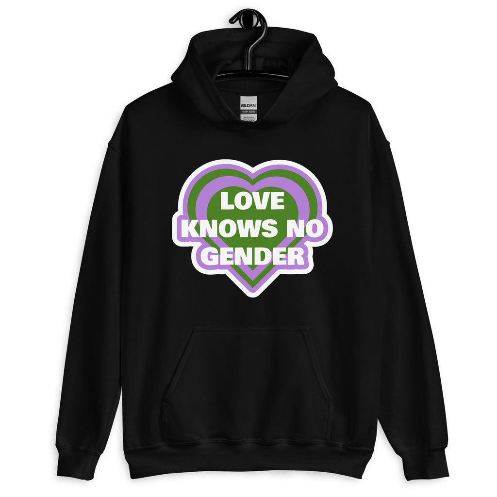 Front view of a black hoodie with a purple and green heart reading “LOVE KNOWS NO GENDER.”