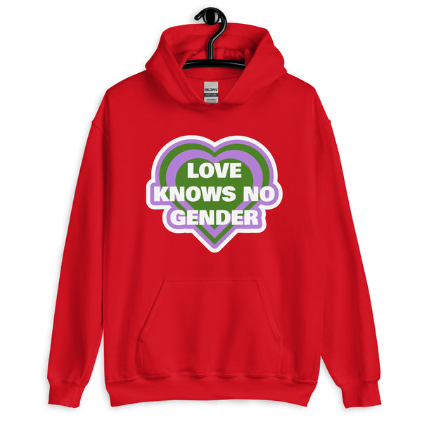 Front-facing red hoodie with a heart graphic reading “LOVE KNOWS NO GENDER”