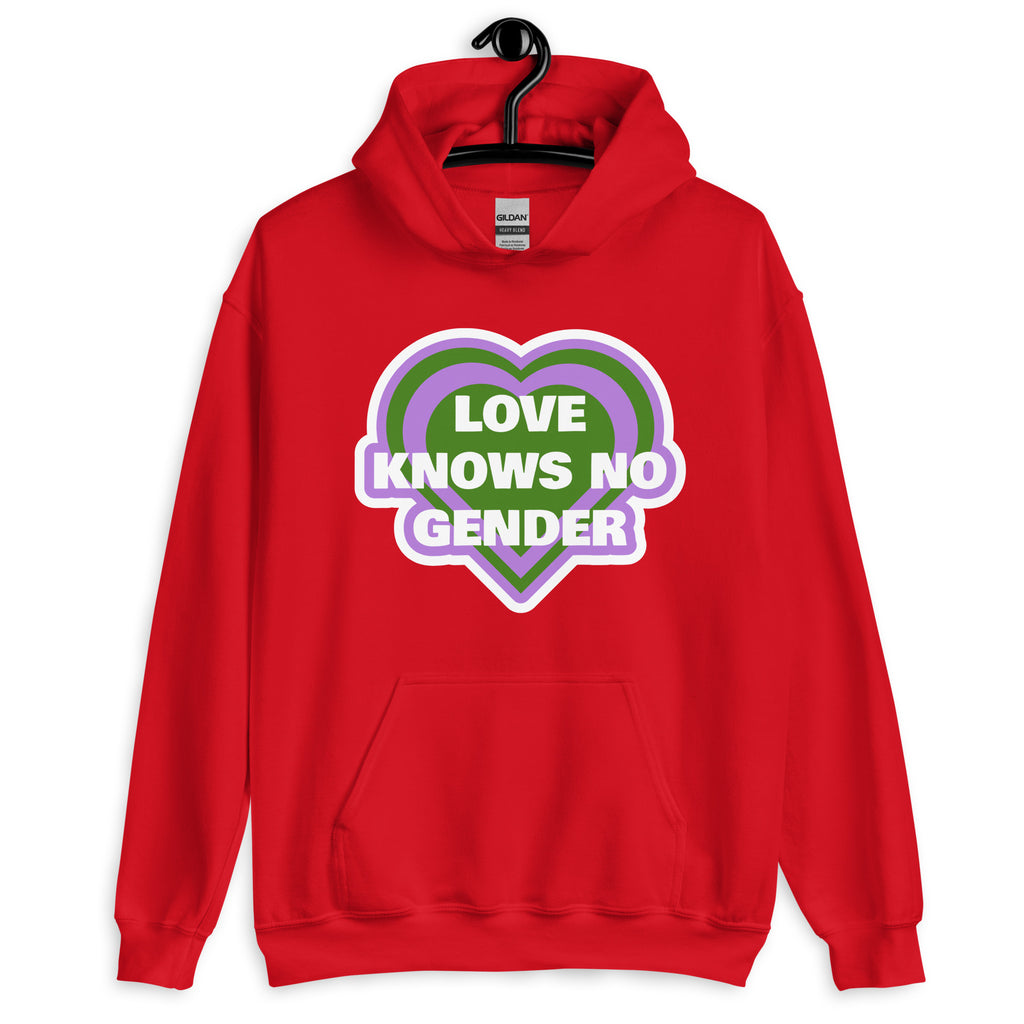 Front-facing red hoodie with a heart graphic reading “LOVE KNOWS NO GENDER”