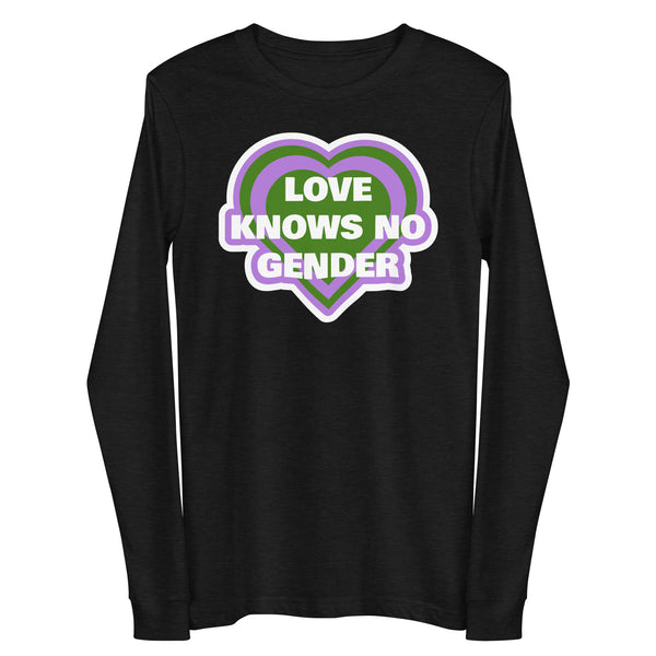 Front view of a black long-sleeve shirt with a purple and green heart reading “LOVE KNOWS NO GENDER.”