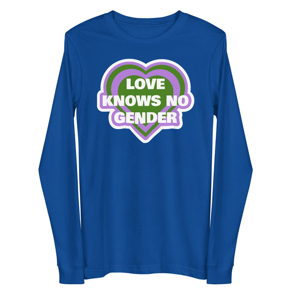 Front view of a royal-blue long-sleeve shirt with a heart graphic reading “LOVE KNOWS NO GENDER.”