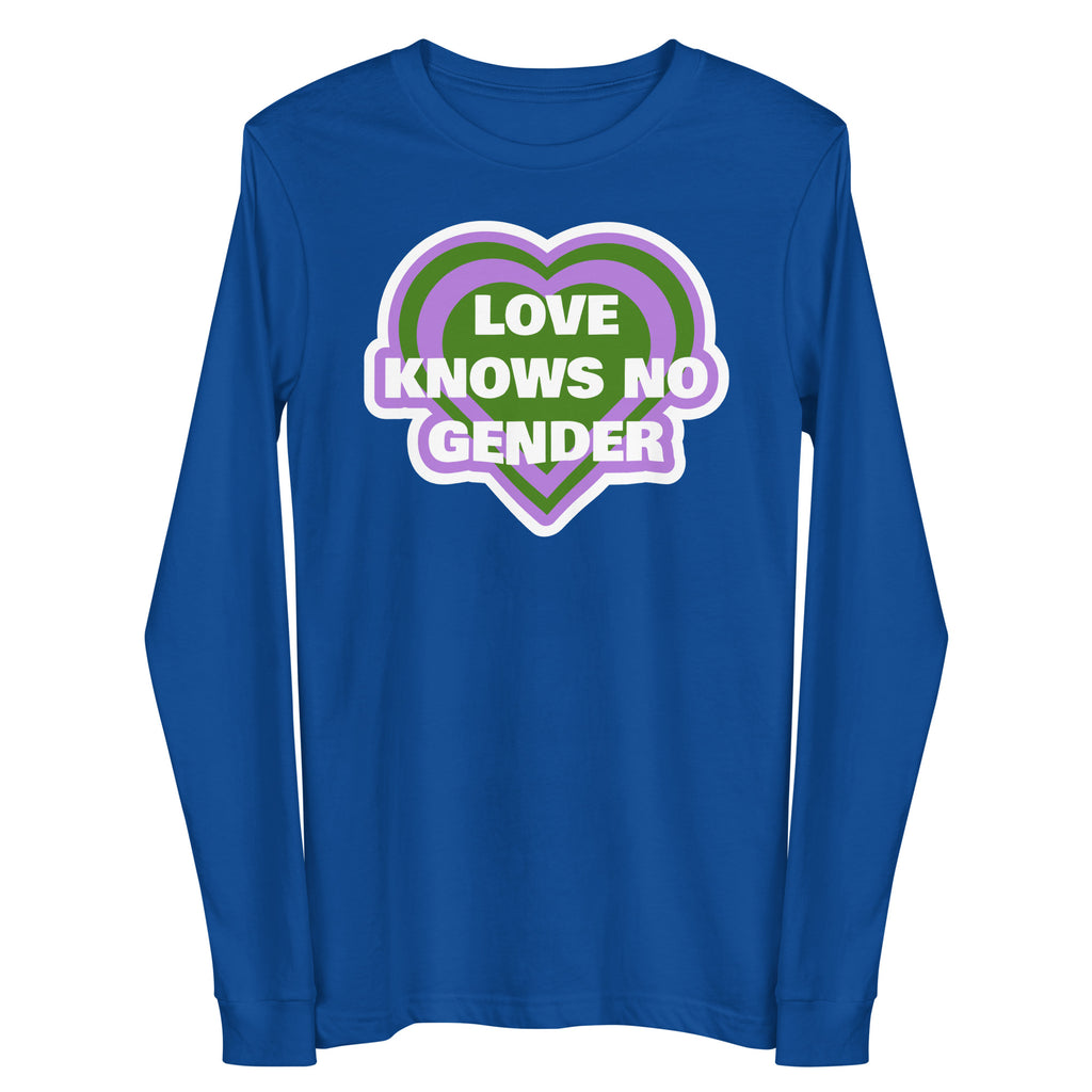 Front view of a royal-blue long-sleeve shirt with a heart graphic reading “LOVE KNOWS NO GENDER.”
