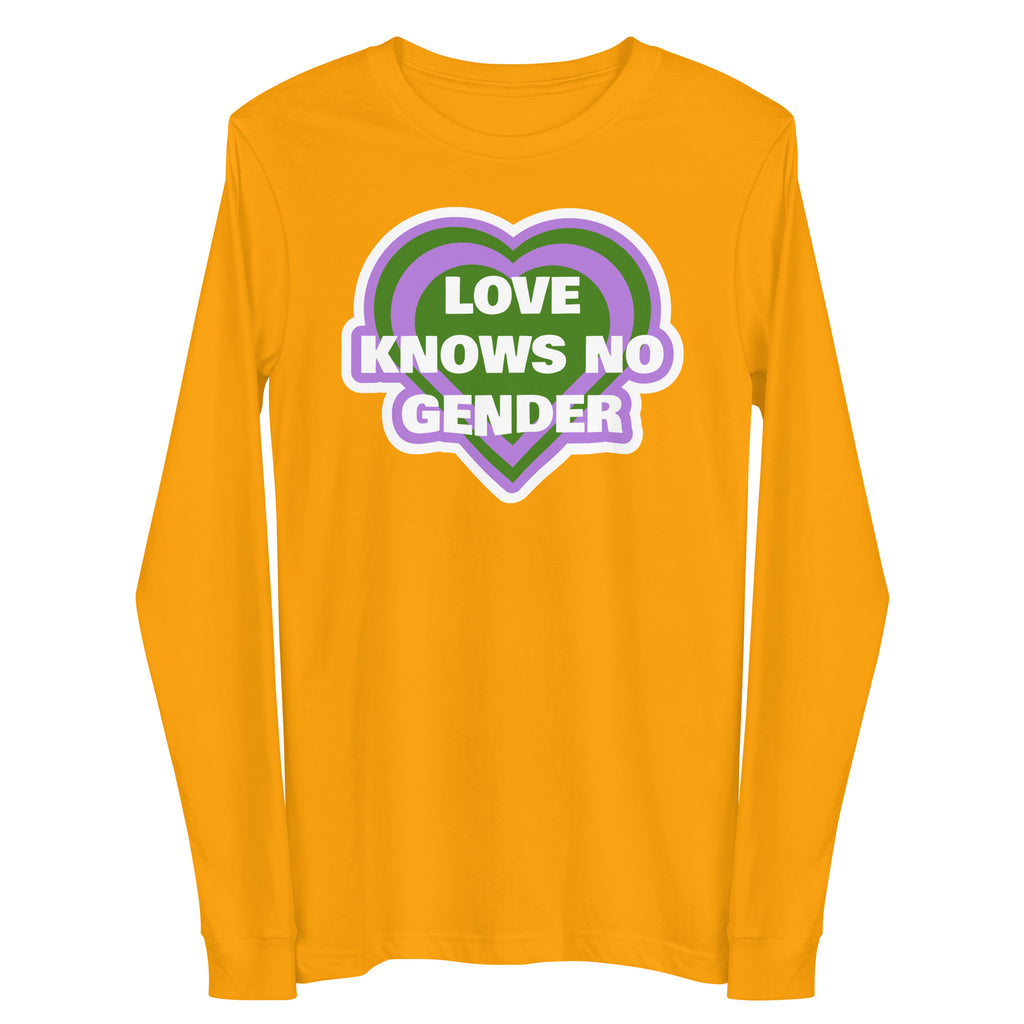 Front view of a mustard-yellow long-sleeve shirt with a purple and green heart reading “LOVE KNOWS NO GENDER.”