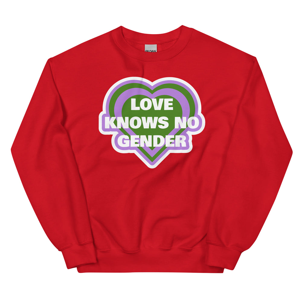 Red crewneck sweatshirt with a purple and green heart graphic reading “LOVE KNOWS NO GENDER”