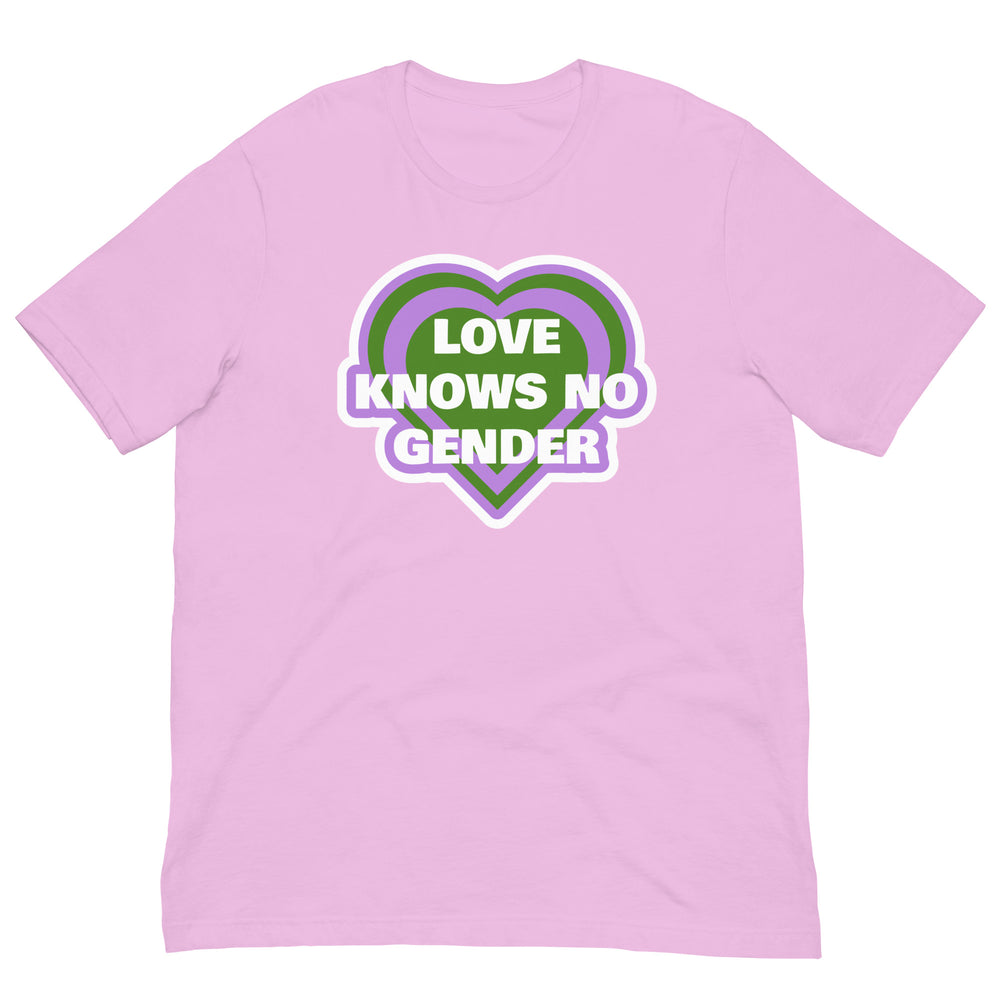 Flat-lay lilac T-shirt with a purple-and-green heart and “LOVE KNOWS NO GENDER” text