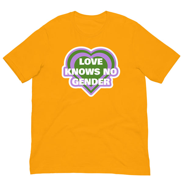 Front view of an orange T-shirt with a purple and green heart reading “LOVE KNOWS NO GENDER”