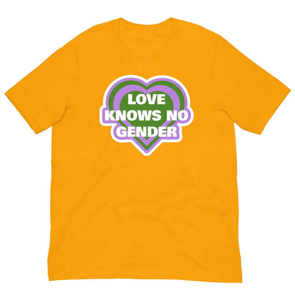 Front view of an orange T-shirt with a purple and green heart reading “LOVE KNOWS NO GENDER”