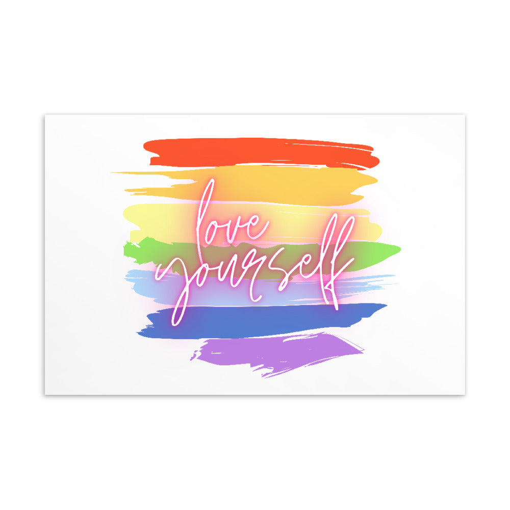 twinks halloween: “Love Yourself!” postcard in bold rainbow text, held by a femme with bright makeup, queer stickers