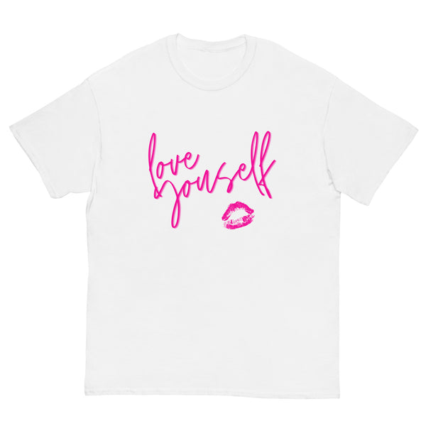 Front view of a white T-shirt with pink “love yourself” lettering and a lips graphic