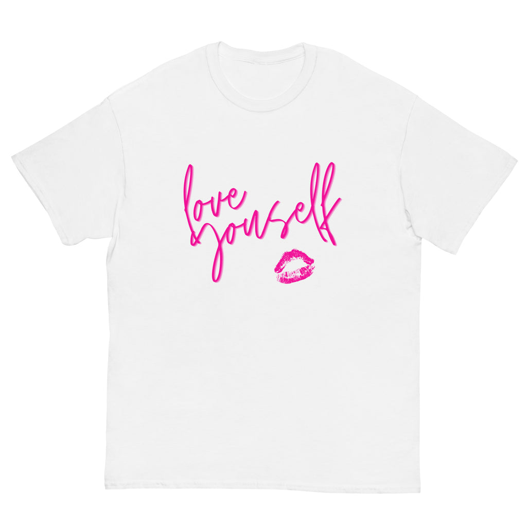 Front view of a white T-shirt with pink “love yourself” lettering and a lips graphic