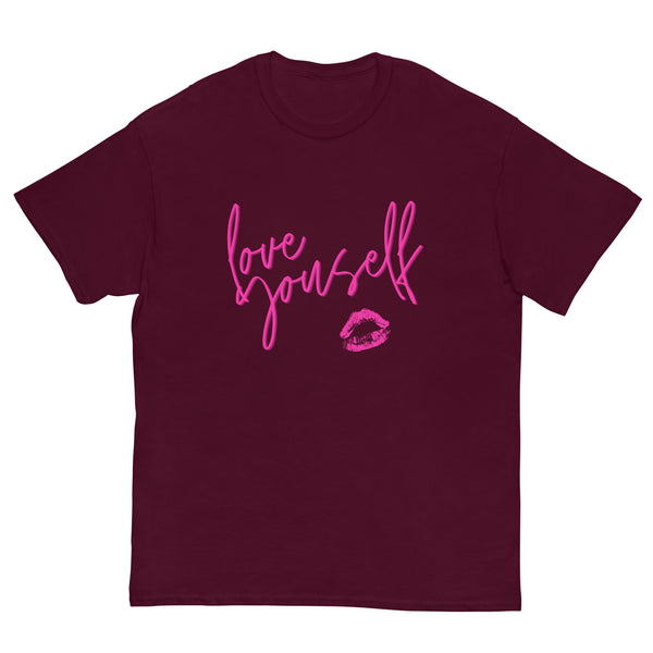 Front view of a maroon T-shirt with pink “love yourself” script and lips graphic