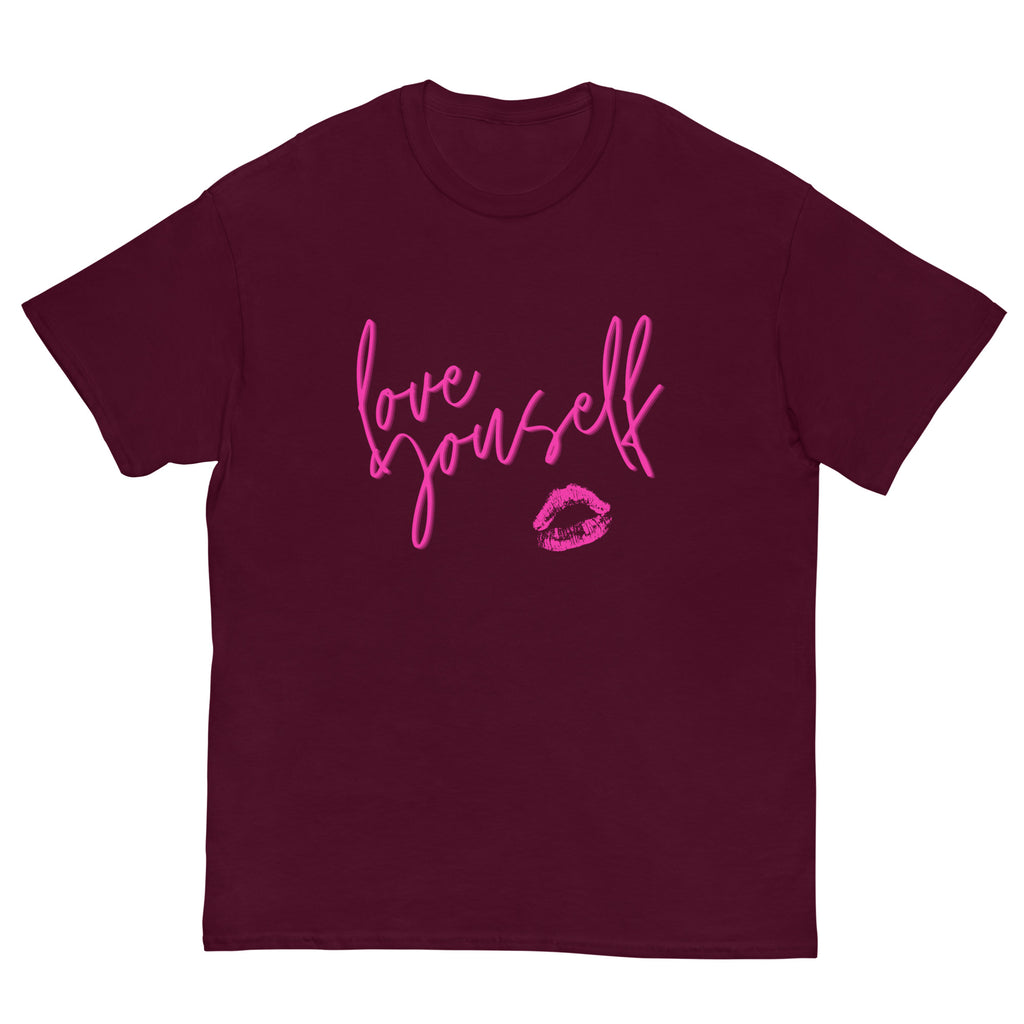 Front view of a maroon T-shirt with pink “love yourself” script and lips graphic