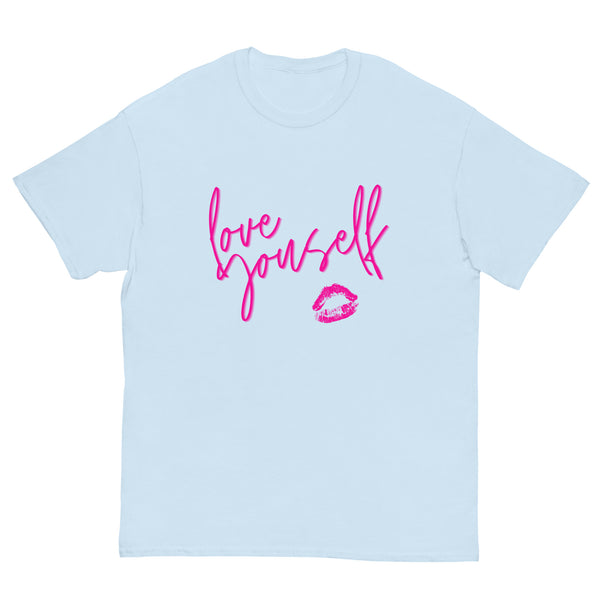 Front view of a light blue T-shirt with pink “love yourself” lettering and lips graphic