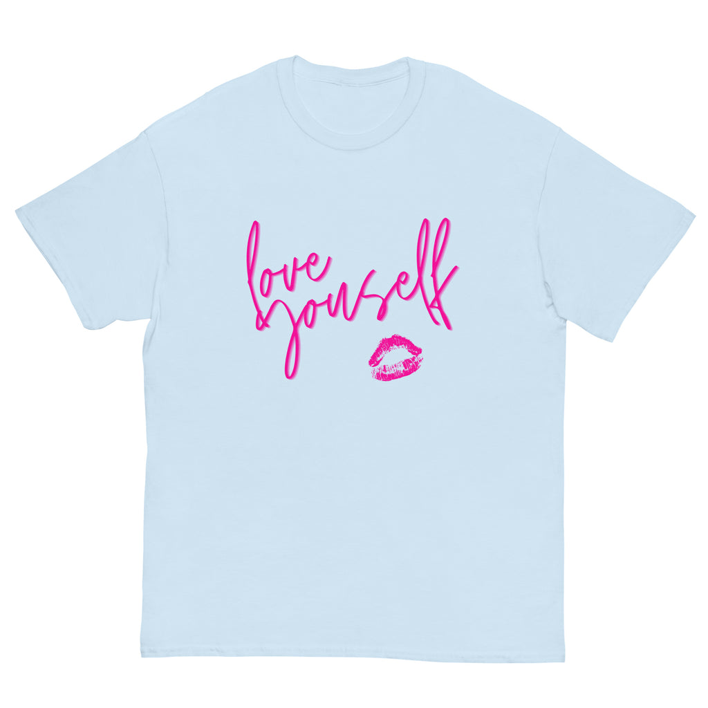 Front view of a light blue T-shirt with pink “love yourself” lettering and lips graphic
