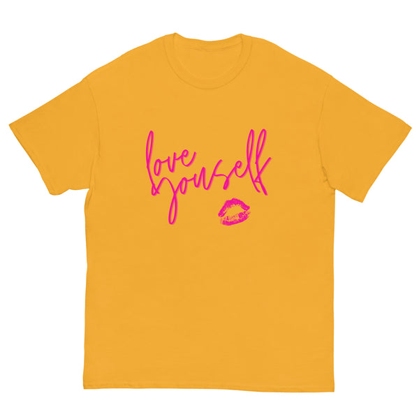 Flat-lay gold T-shirt with pink “love yourself” lettering and a lips graphic