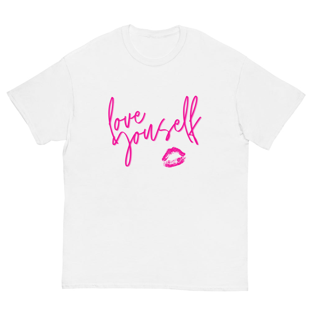 Front view of a white T-shirt with pink “love yourself” lettering and a lips graphic