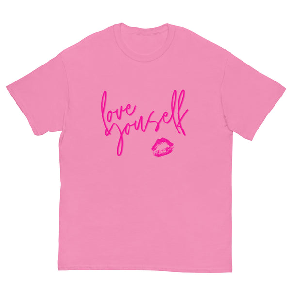 Flat-lay pink T-shirt with “love yourself” script and a lips graphic