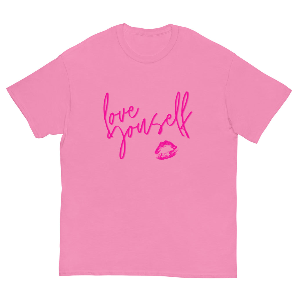 Flat-lay pink T-shirt with “love yourself” script and a lips graphic