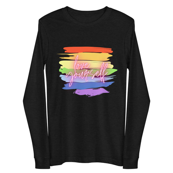 Front view of a black long-sleeve shirt with rainbow brushstrokes and “Love yourself” lettering