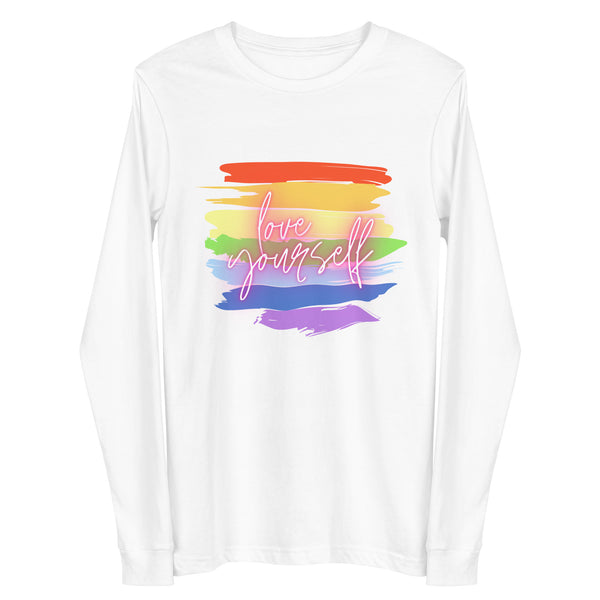 Front view of a white long-sleeve shirt with rainbow brushstrokes and “Love yourself” lettering