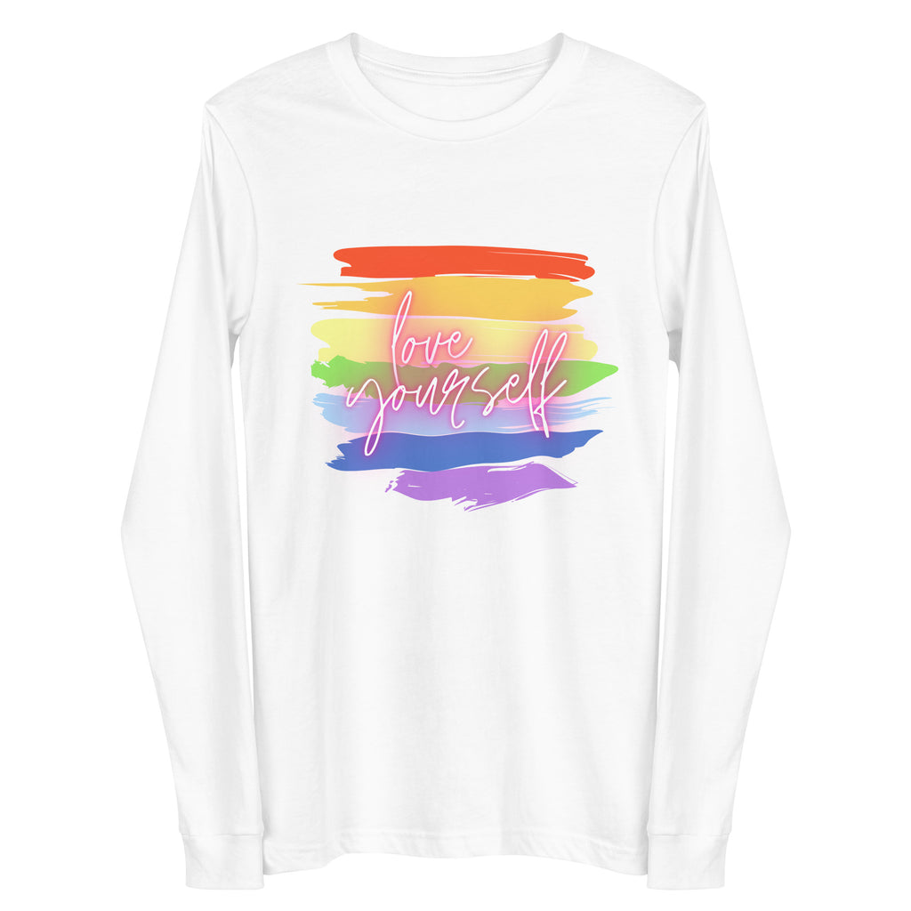Front view of a white long-sleeve shirt with rainbow brushstrokes and “Love yourself” lettering