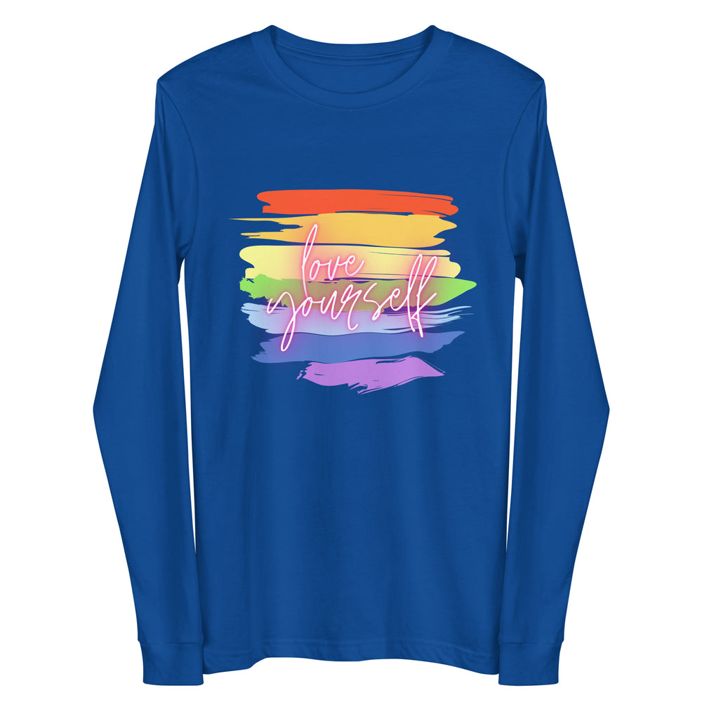 Front view of a royal-blue long-sleeve shirt with rainbow brushstrokes and “Love yourself” lettering