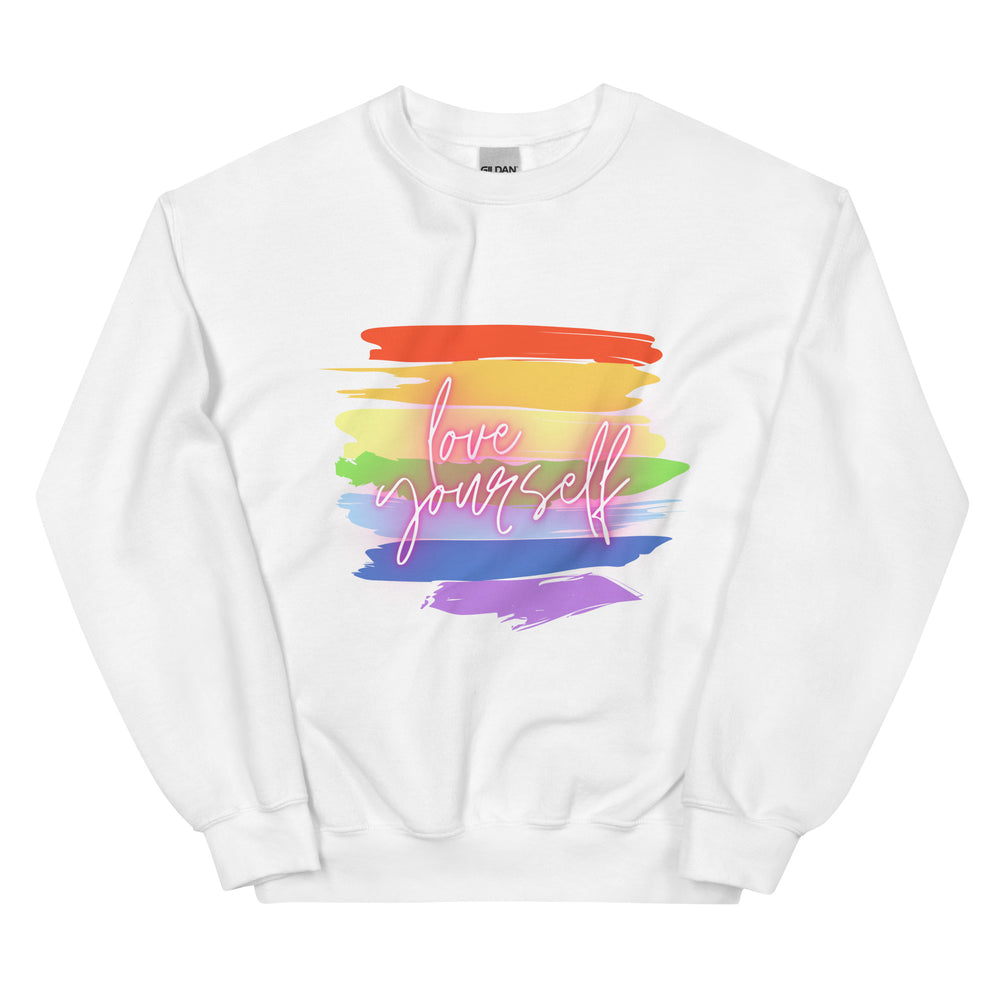 Front view of a white sweatshirt with colorful brushstrokes and “Love yourself” script