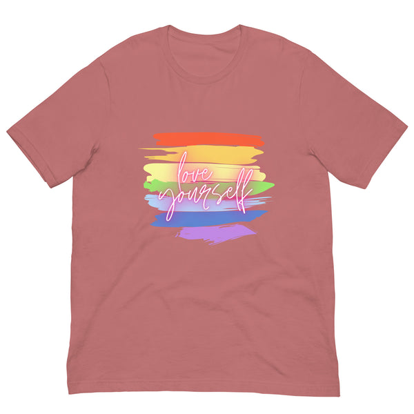Front view of a mauve T-shirt reading “Love yourself” over rainbow brushstrokes