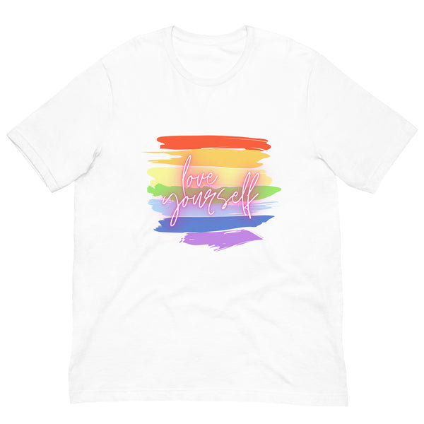 Front view of a white T-shirt with colorful rainbow brushstrokes and “Love yourself” script