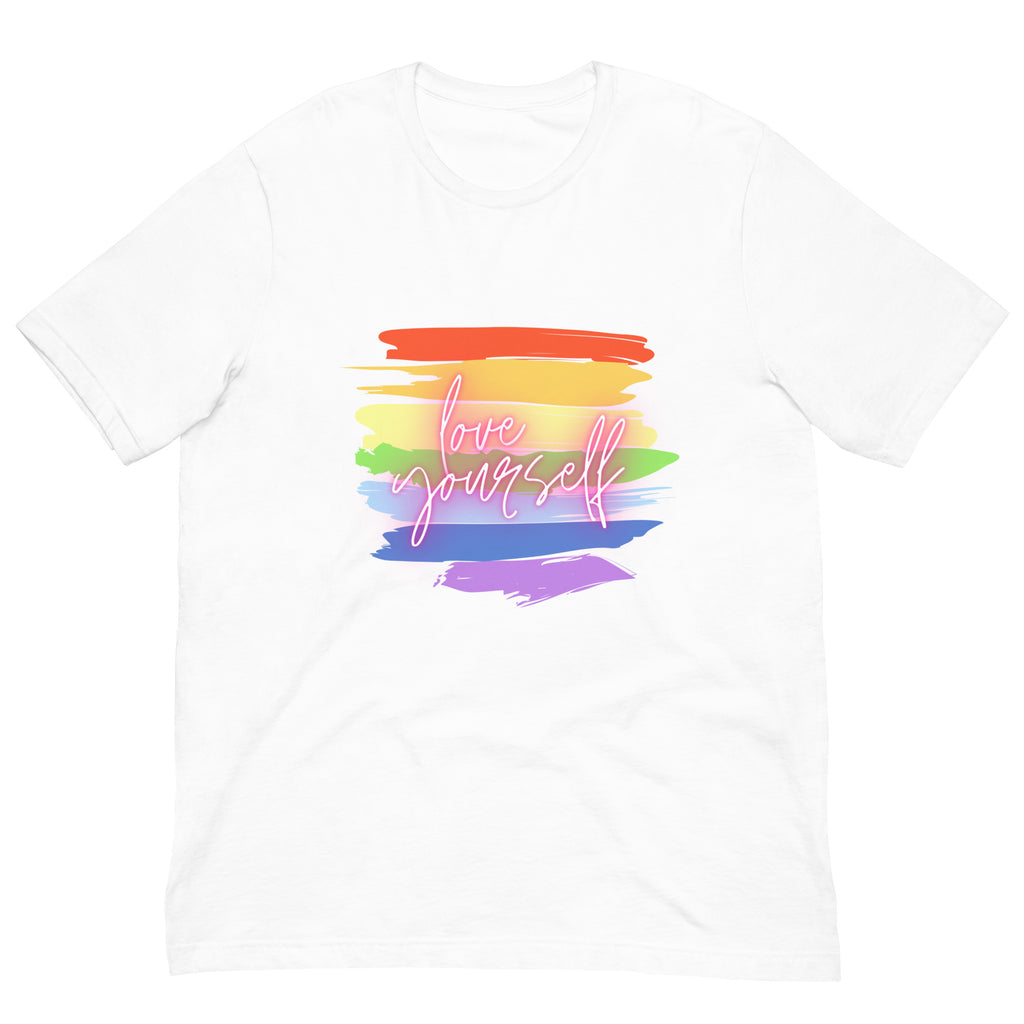 Front view of a white T-shirt with colorful rainbow brushstrokes and “Love yourself” script