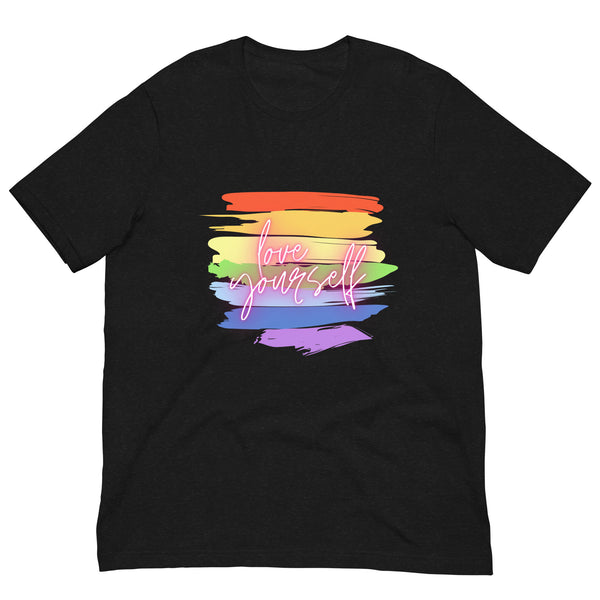 Front view of a black T-shirt with colorful brushstrokes and “Love yourself” text